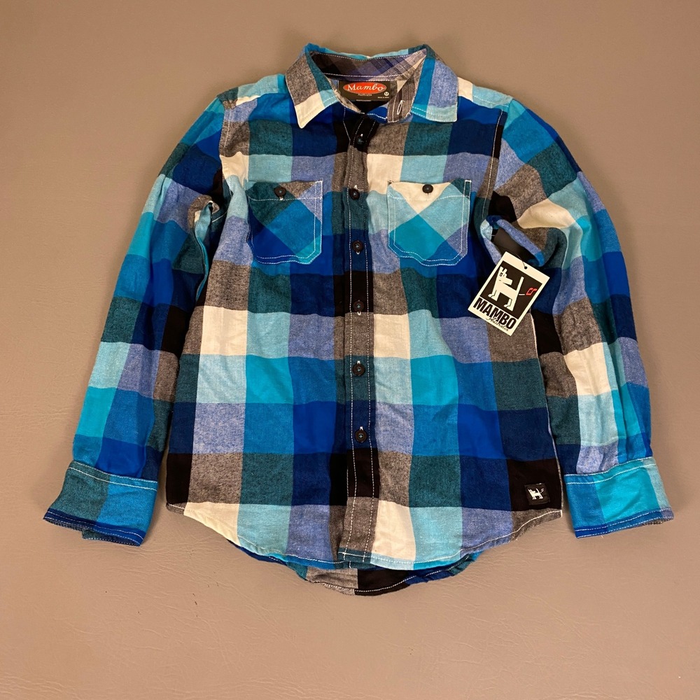 Mambo Australia Flannel Shirt Men's Size Medium Blue Plaid Button Up Long Sleeve